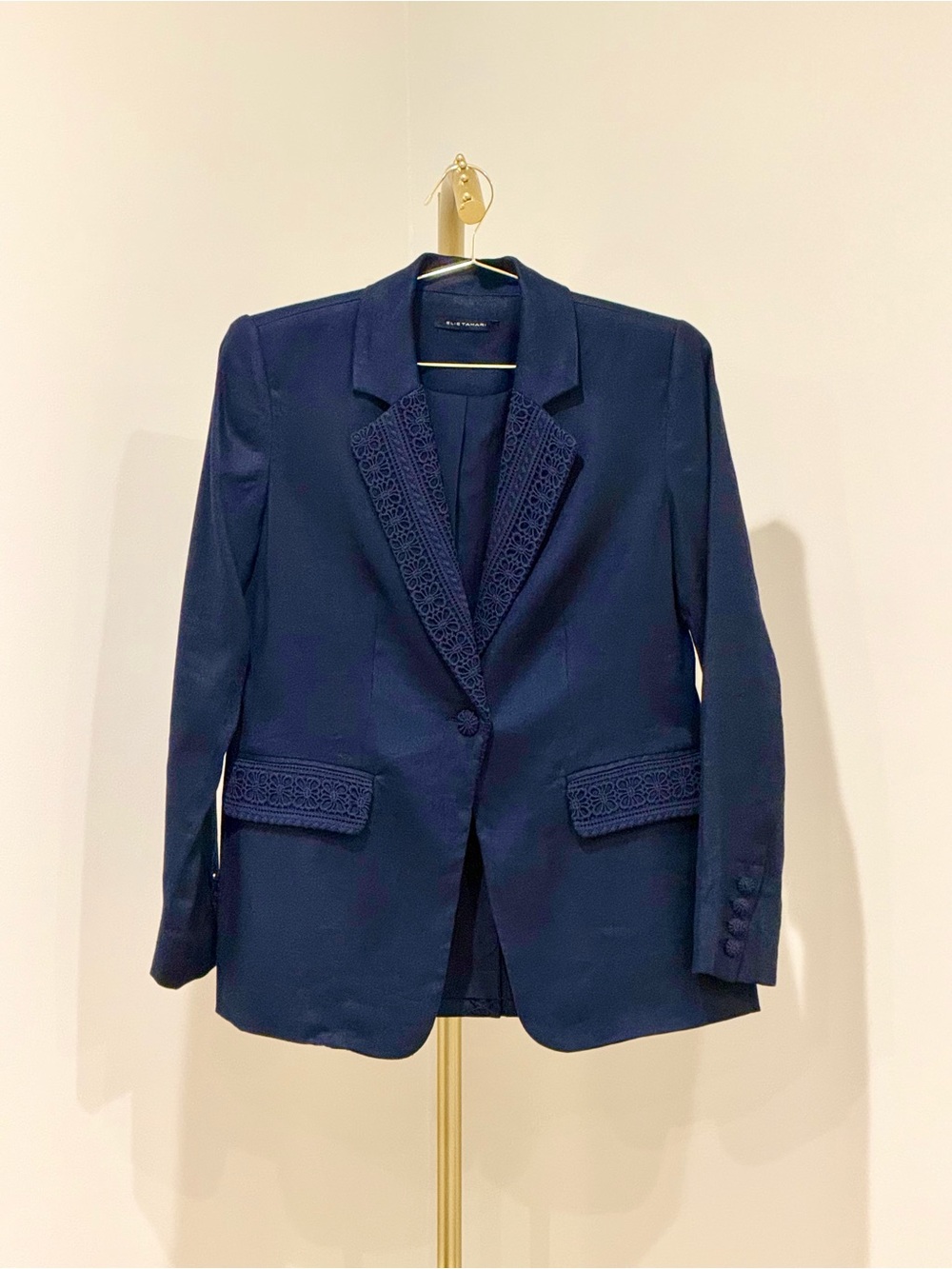 Elie Tahari Navy Blazer with Lace-Trim Lapels